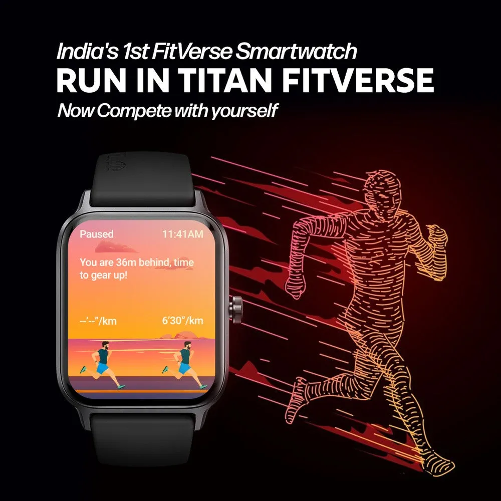 Titan Traveller with 4.52 cm AMOLED Display, BT Calling, India's First FitVerse Smartwatch with Blue Leather Strap