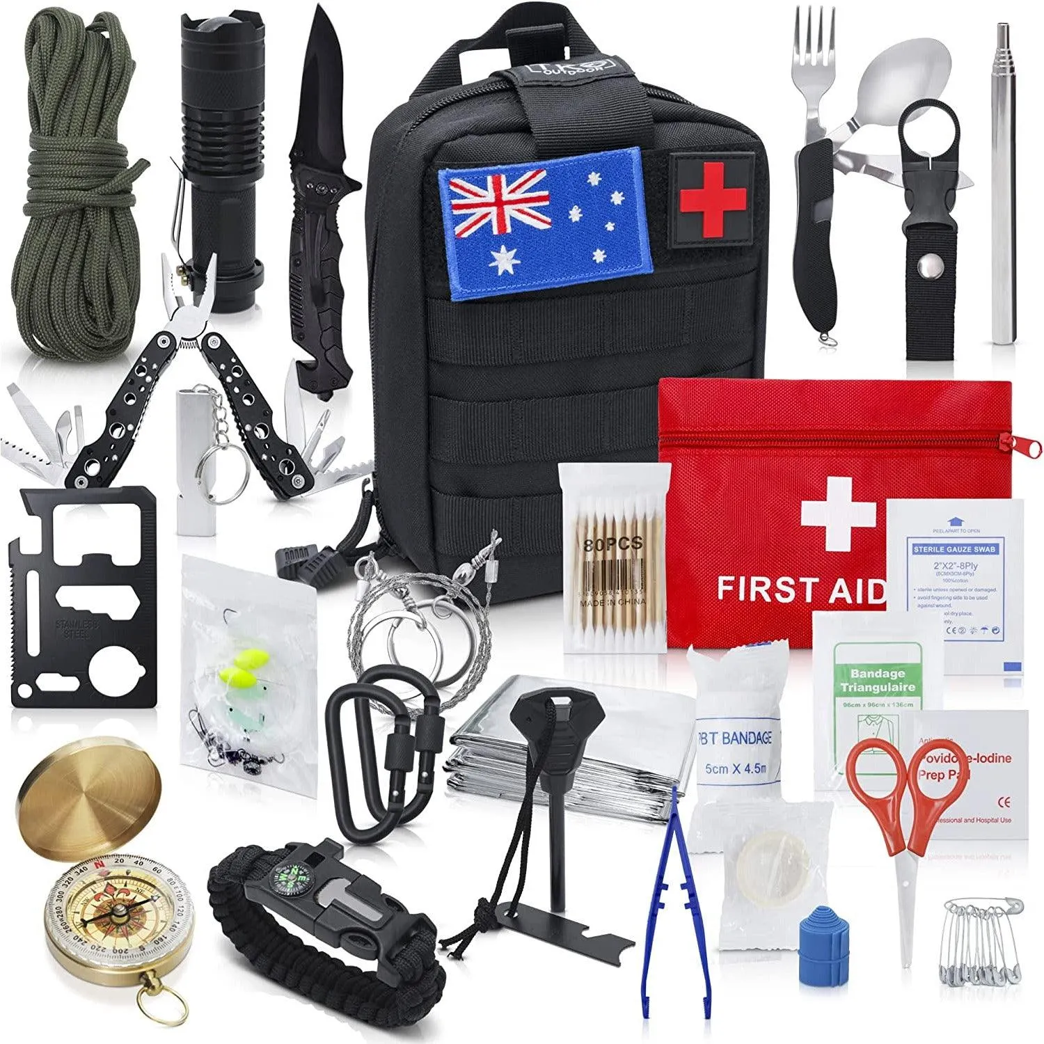 TKO Outdoor Professional Survival Kit - 20 in 1 Tactical Gear for Camping Hunting Hiking and Adventures | Equipment Including First Aid Kit, Knife, Flashlight   Tools | Gifts for Men Dad Husband