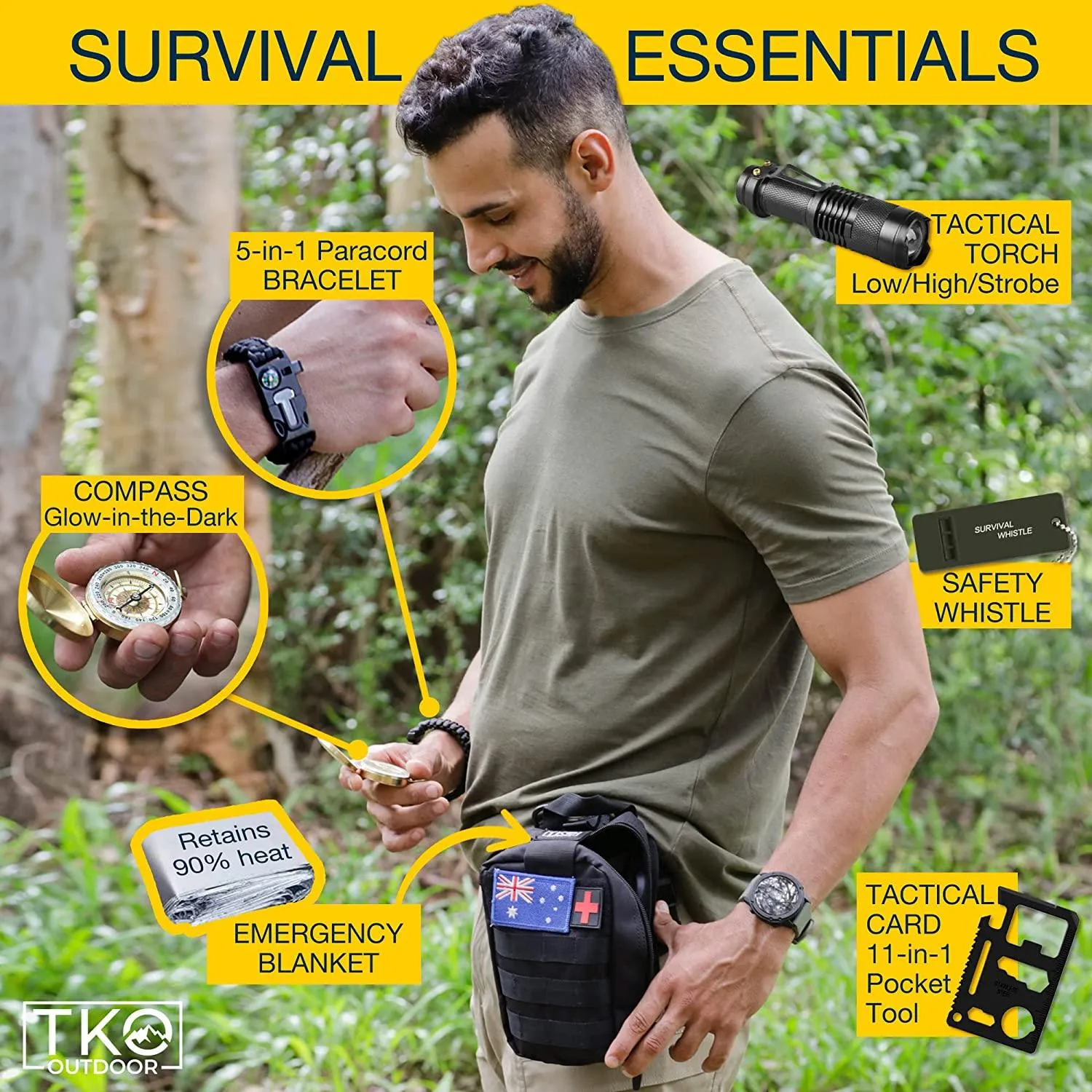 TKO Outdoor Professional Survival Kit - 20 in 1 Tactical Gear for Camping Hunting Hiking and Adventures | Equipment Including First Aid Kit, Knife, Flashlight   Tools | Gifts for Men Dad Husband