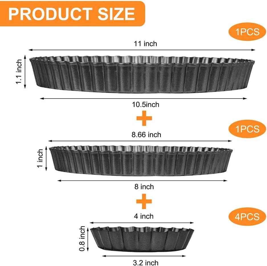 TORASO 11Inch, 9 Inch and 4 Inch Tart Pan with Removable Bottom, 2 Pcs Large Size Quiche Pan and 4 Pcs Small Size Pie Pan, Non-Stick Baking Pan (Set of 6)