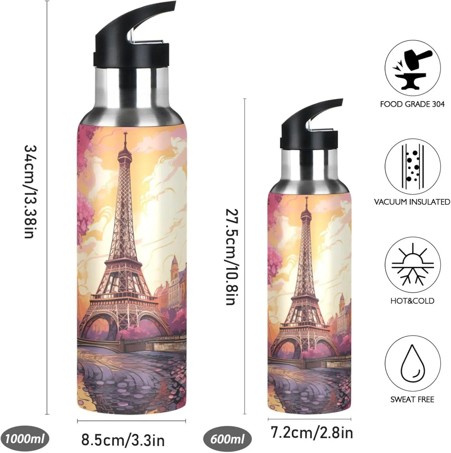 Tower Street Art Sport Water Bottle Insulated Stainless Steel Large Vacuum Flask Leak Proof Thermos with Straw for Travel(600ml/1000ml)