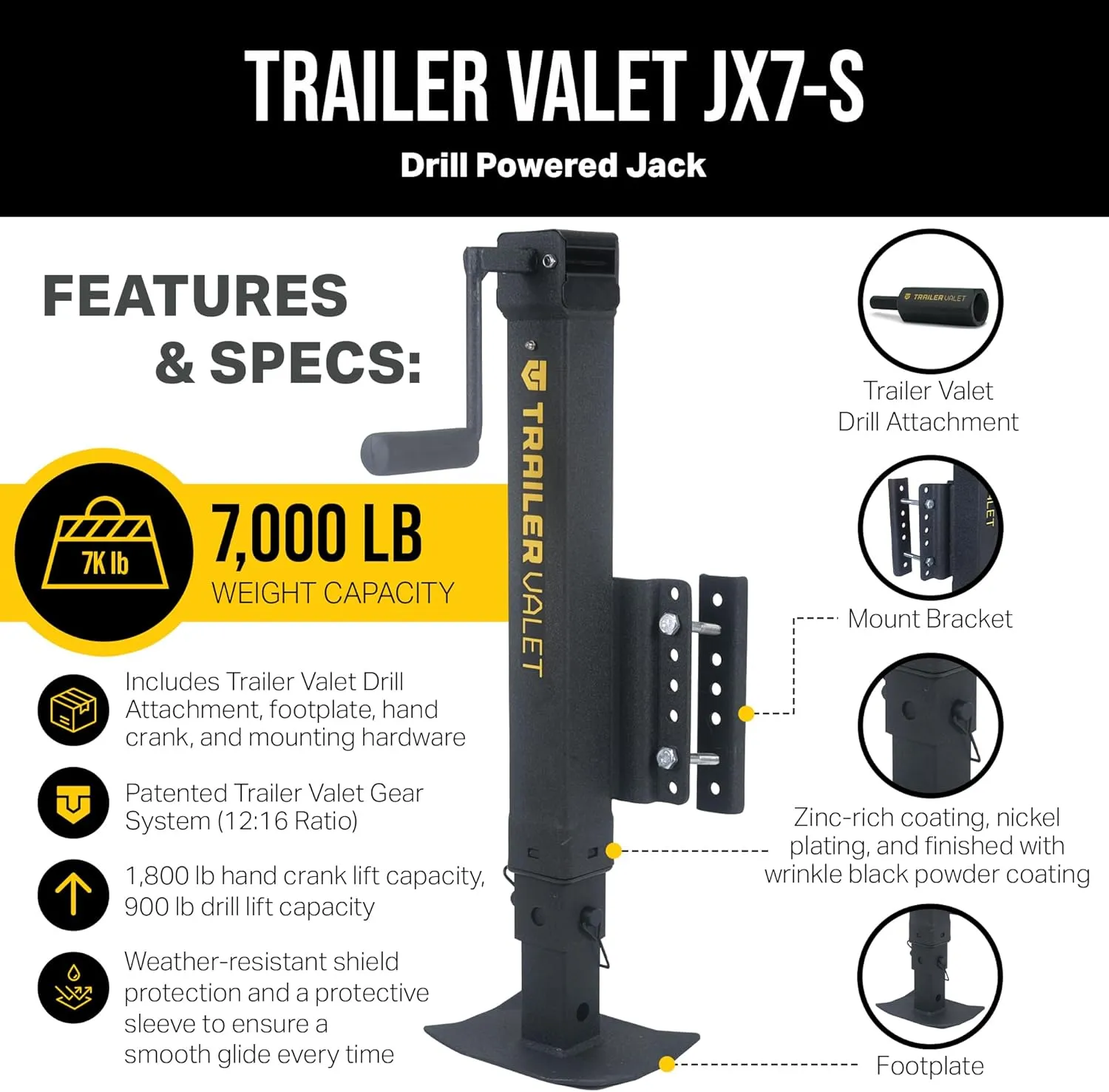 Trailer Valet TVJX7-S Side-Mounted Drill-Powered Trailer Jack with 7,000 lb Static Capacity and 1,800 lb Manual Lift, Heavy Duty Drop Leg, Footplate, Powder Coating, and Easy Bolt-On Mount