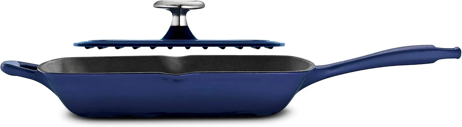 Tramontina Enameled Cast Iron Grill Pan with Press, 11-inch, Blue