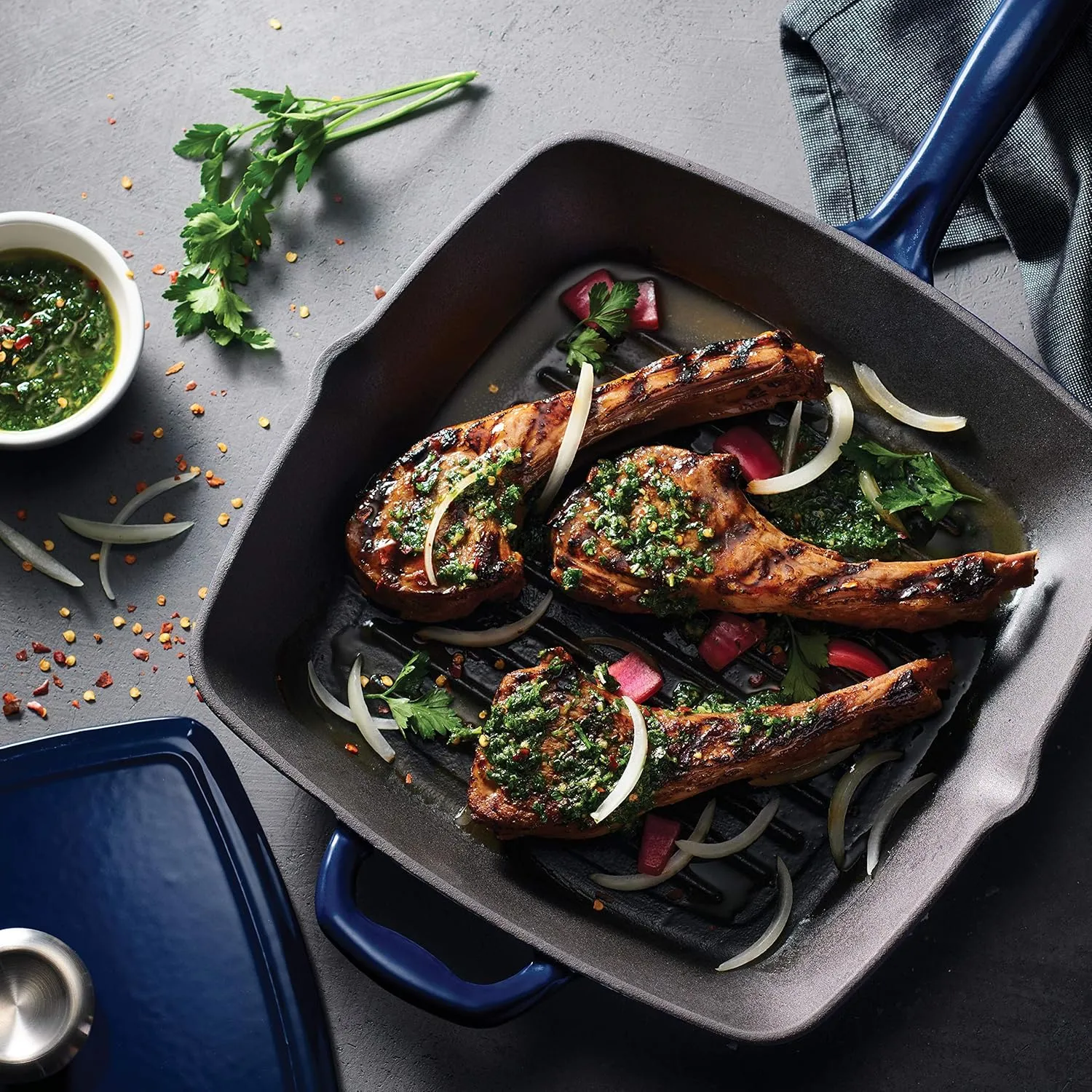 Tramontina Enameled Cast Iron Grill Pan with Press, 11-inch, Blue