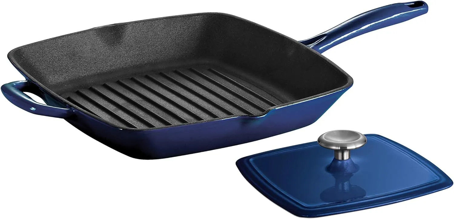Tramontina Enameled Cast Iron Grill Pan with Press, 11-inch, Blue