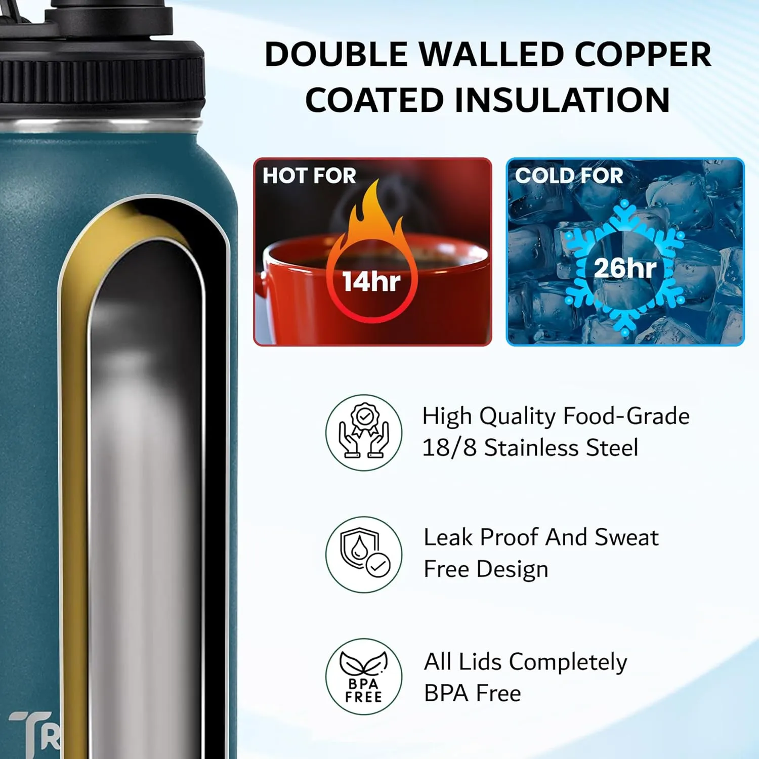Travel Water Bottle with 3 Lids (Spout, Straw, Flip) Leak Proof, Quality, Vacuum Insulated, Stainless Steel (Day & Night, 22 oz)