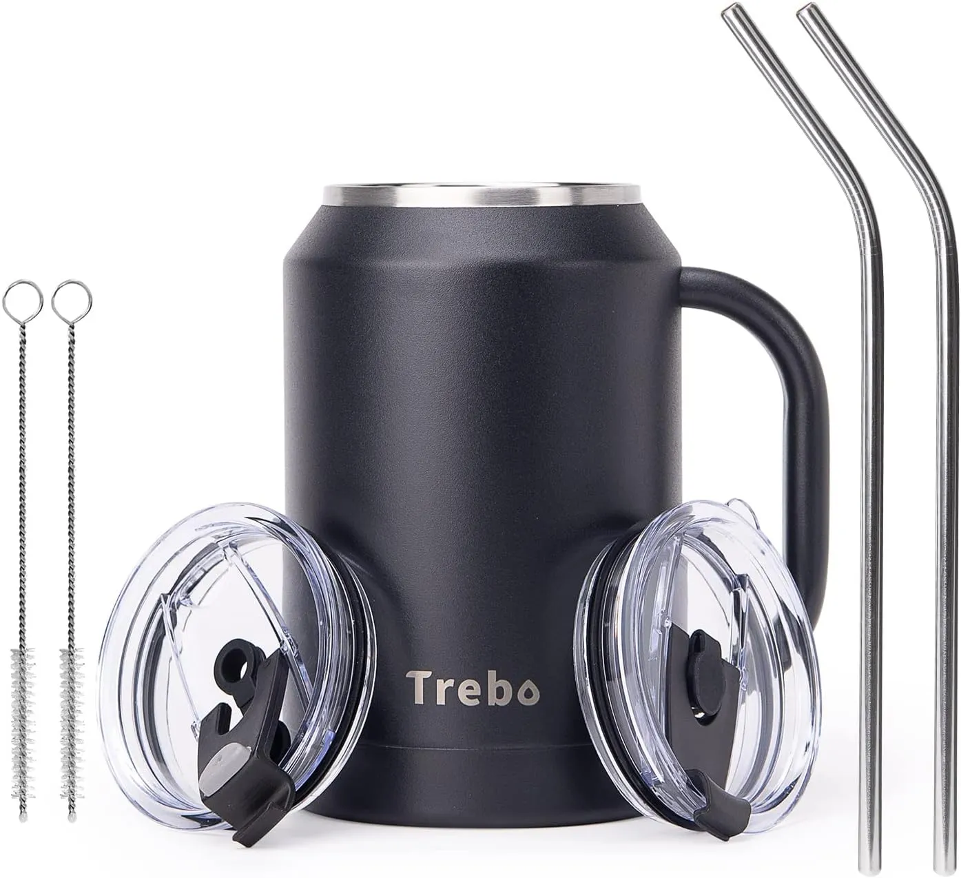 Trebo 32 oz Stainless Steel Mug Tumbler with Handle, Vacuum Insulated Metal Iced Coffee Cup with Lids and Straws,Reusable Water Bottle Flask Jug Keeps Drinks Cold up to 36 Hrs,Sweat Proof,Black