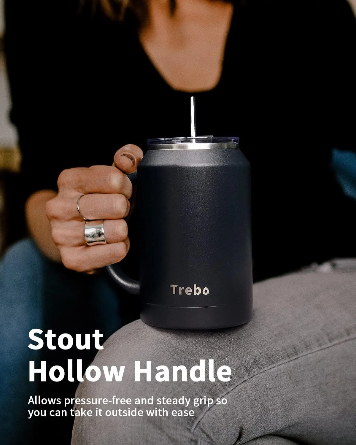 Trebo 32 oz Stainless Steel Mug Tumbler with Handle, Vacuum Insulated Metal Iced Coffee Cup with Lids and Straws,Reusable Water Bottle Flask Jug Keeps Drinks Cold up to 36 Hrs,Sweat Proof,Black