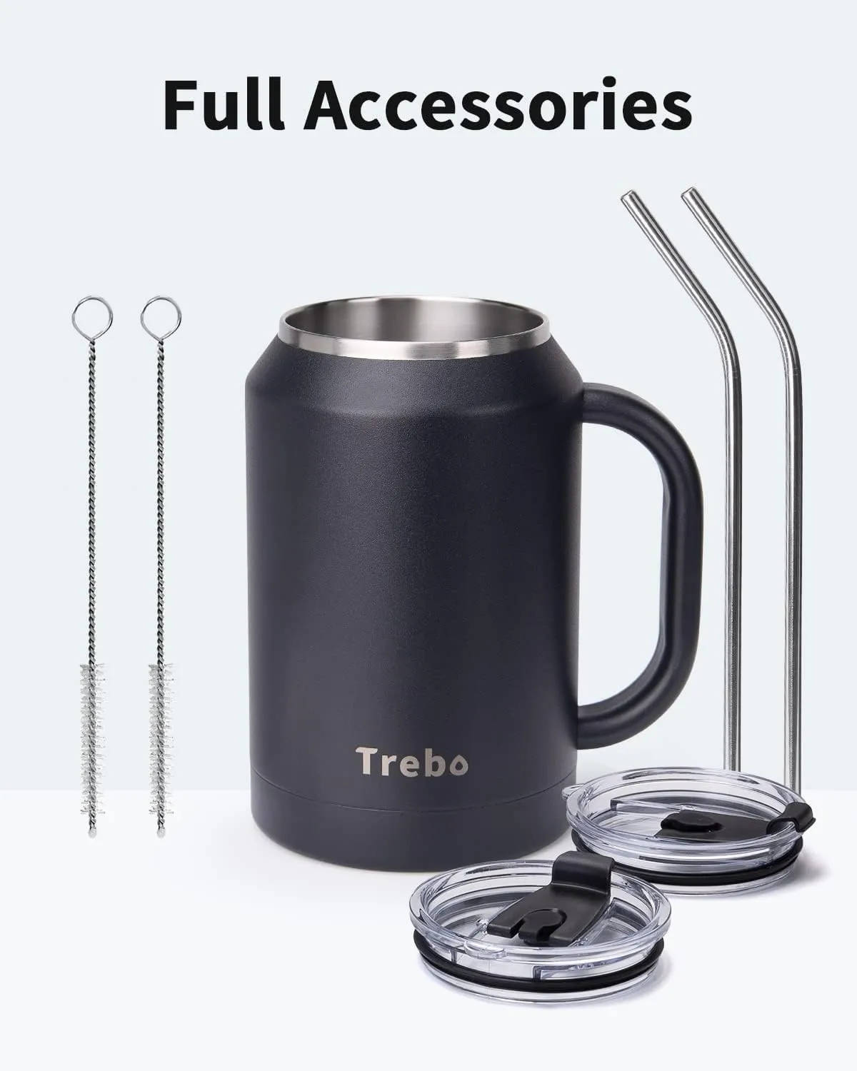 Trebo 32 oz Stainless Steel Mug Tumbler with Handle, Vacuum Insulated Metal Iced Coffee Cup with Lids and Straws,Reusable Water Bottle Flask Jug Keeps Drinks Cold up to 36 Hrs,Sweat Proof,Black