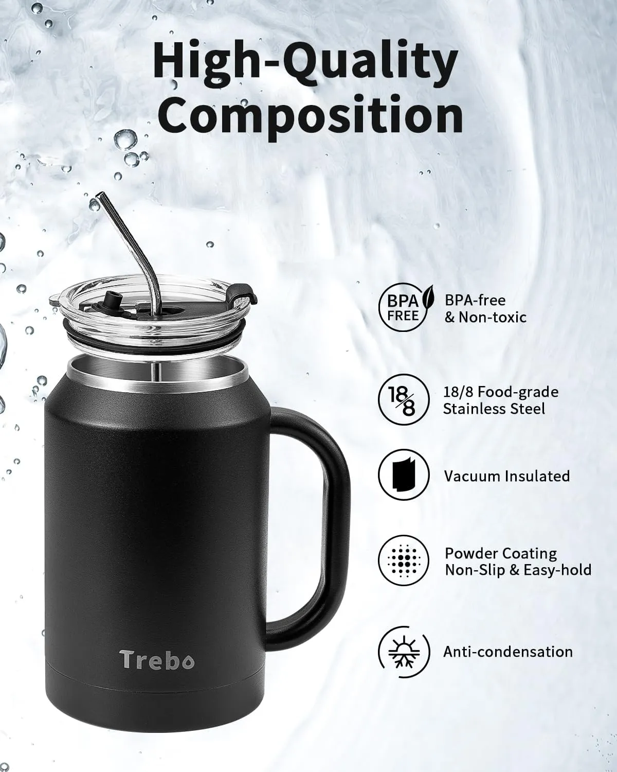 Trebo 32 oz Stainless Steel Mug Tumbler with Handle, Vacuum Insulated Metal Iced Coffee Cup with Lids and Straws,Reusable Water Bottle Flask Jug Keeps Drinks Cold up to 36 Hrs,Sweat Proof,Black