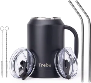 Trebo 32 oz Stainless Steel Mug Tumbler with Handle, Vacuum Insulated Metal Iced Coffee Cup with Lids and Straws,Reusable Water Bottle Flask Jug Keeps Drinks Cold up to 36 Hrs,Sweat Proof,Black