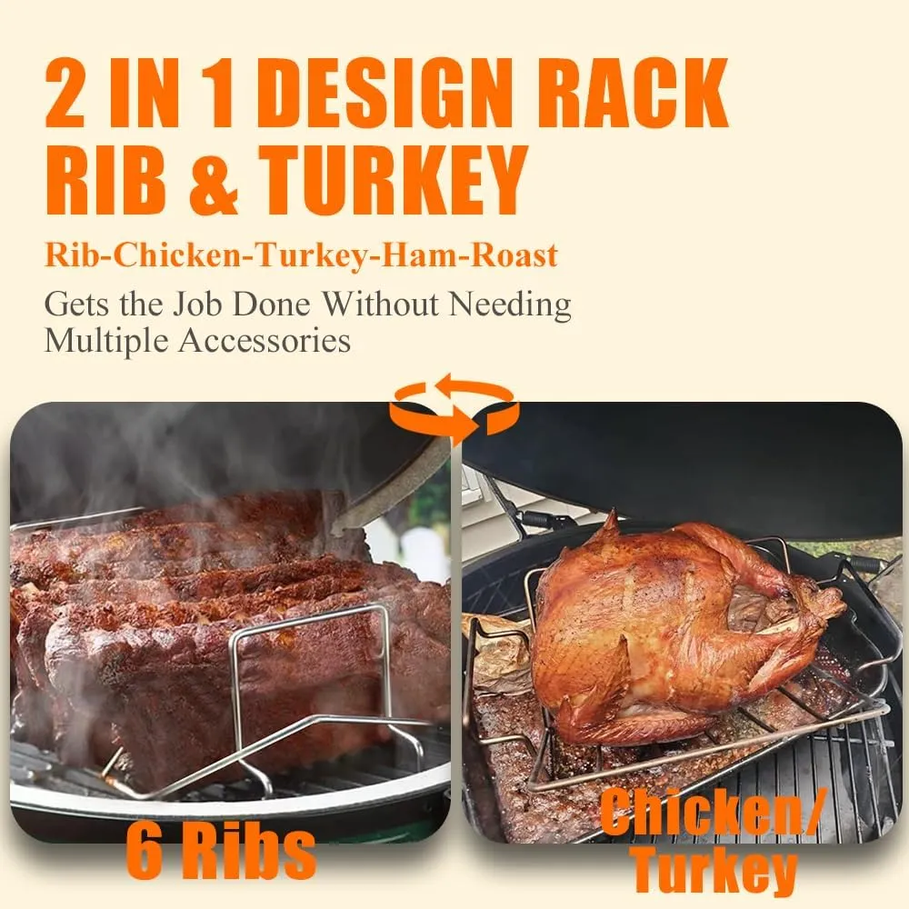 Turkey Roasting V Rack for Big Green Egg, Stainless Steel Rib Racks for Smoking and Grilling, Turkey Roaster Racks for Roasting Pan, for Kamado The Joe, Char-Griller Akorn, etc