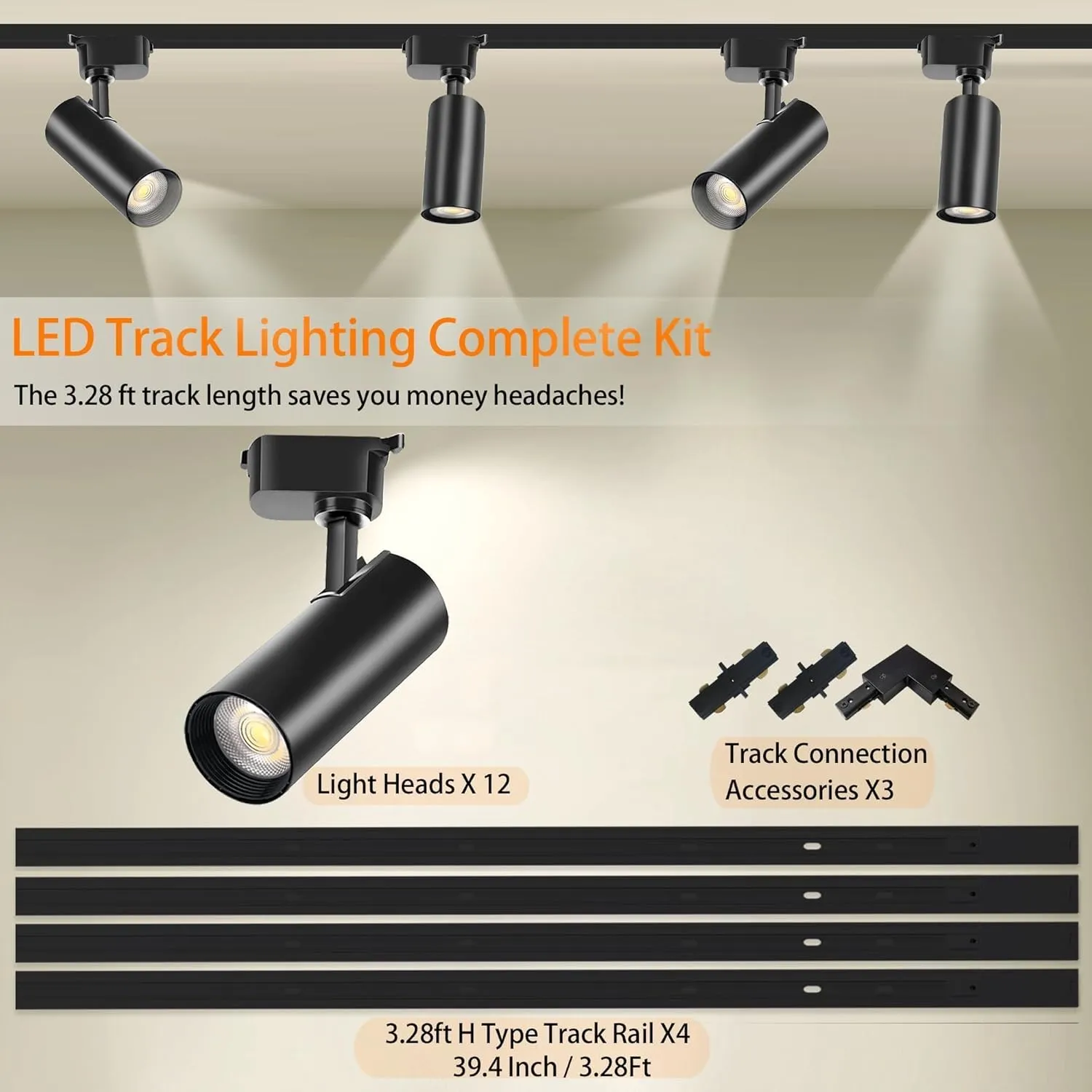 Ultra-Bright H Type Track Lighting Kit, 12 Heads 3000K Warm White 20W 2400lm with 13.1 FT Track Rails, Dimmable Plug in LED Track Lights Modern Indoor Spotlight Fixture