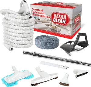 Ultra Clean Central Vacuum Best Hardwood Accessory Kit - Low Voltage 24 V Hose with on/Off Switch Swivel Handle - Deluxe Tool Set, Hose Cover, Dust Mop, Storage Tool Caddy (White, 30 ft)