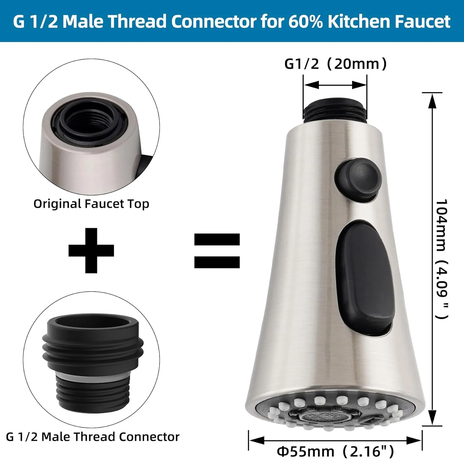 Universal Kitchen Faucet Head Replacement with 15 Adapter Kit Compatible with Kohler/Moen/Delta Faucet, 3 Function Pull Down Sink Faucet Spray Head, Brushed Nickel