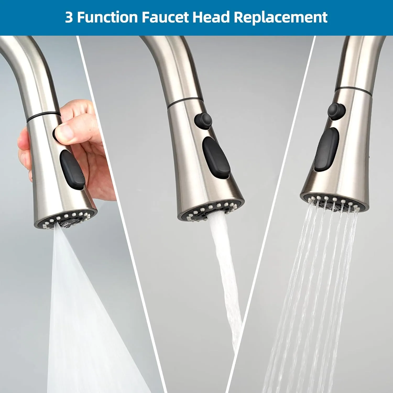 Universal Kitchen Faucet Head Replacement with 15 Adapter Kit Compatible with Kohler/Moen/Delta Faucet, 3 Function Pull Down Sink Faucet Spray Head, Brushed Nickel