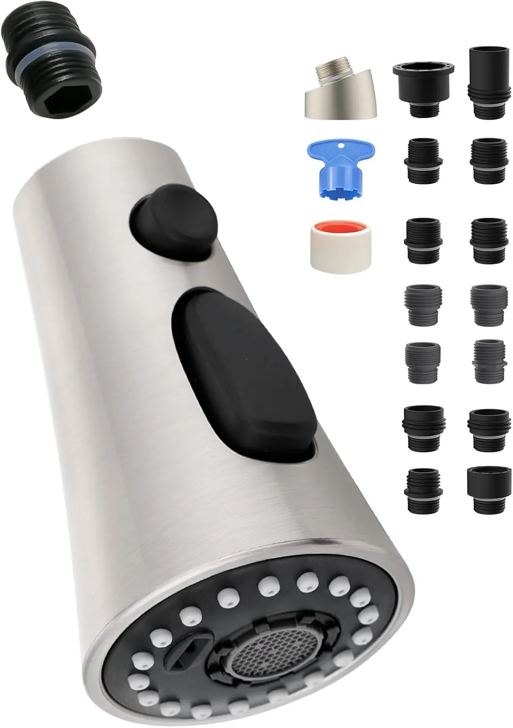 Universal Kitchen Faucet Head Replacement with 15 Adapter Kit Compatible with Kohler/Moen/Delta Faucet, 3 Function Pull Down Sink Faucet Spray Head, Brushed Nickel