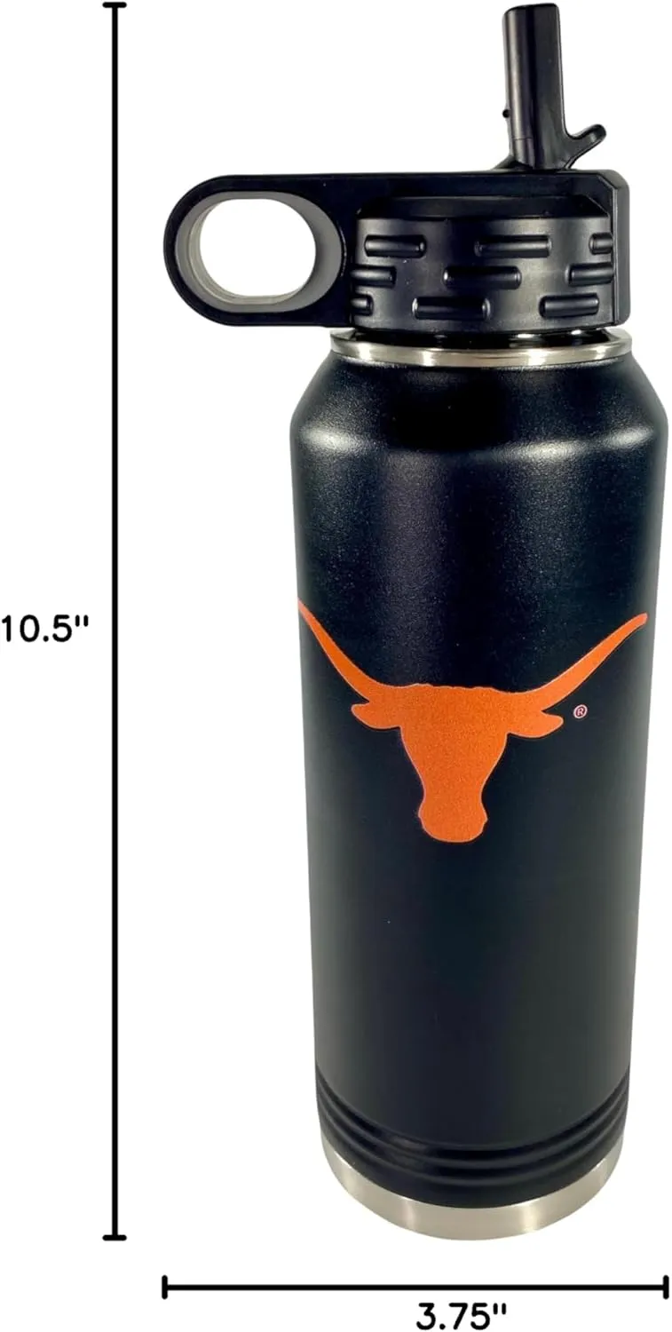 University of Texas at Austin 32oz Stainless Steel Double Walled Black Beverage Bottle with Flip Straw Spout - College Gear for Playoff Season – For Office, Home or Auto – Show your Longhorn Pride