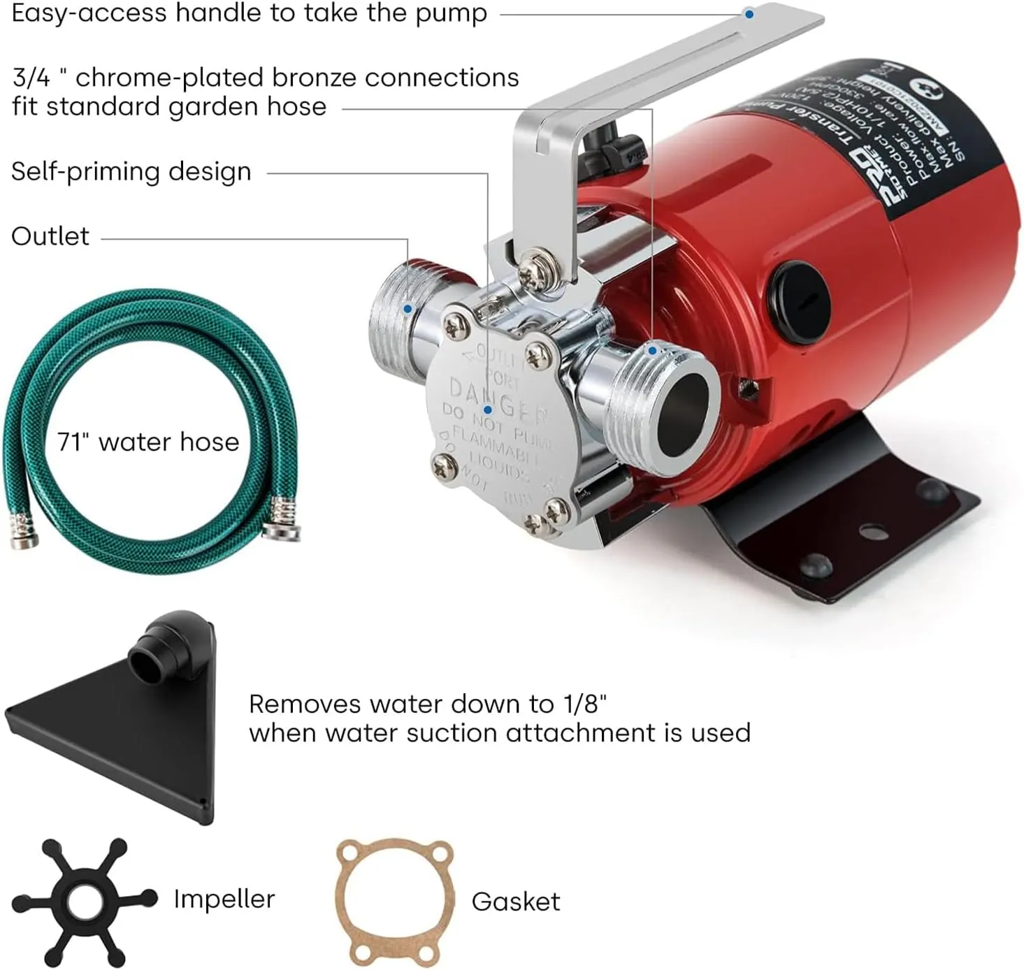 Utility Pump, Prostormer 12V DC 350GPH Electric 1/10HP Mini Portable Water Transfer Pump with Water Hose Kit Great for Yard, Garden, Pool Draining