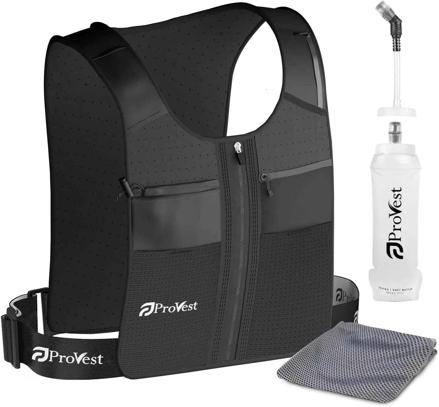 Versatile Running Vest with 8 Pockets, Hydration Vest with Phone and Water Bottle Holders, Vest for Long-Distance Runs, Uni Sex Running Vest, Water Bottle & Cool Towel Grey