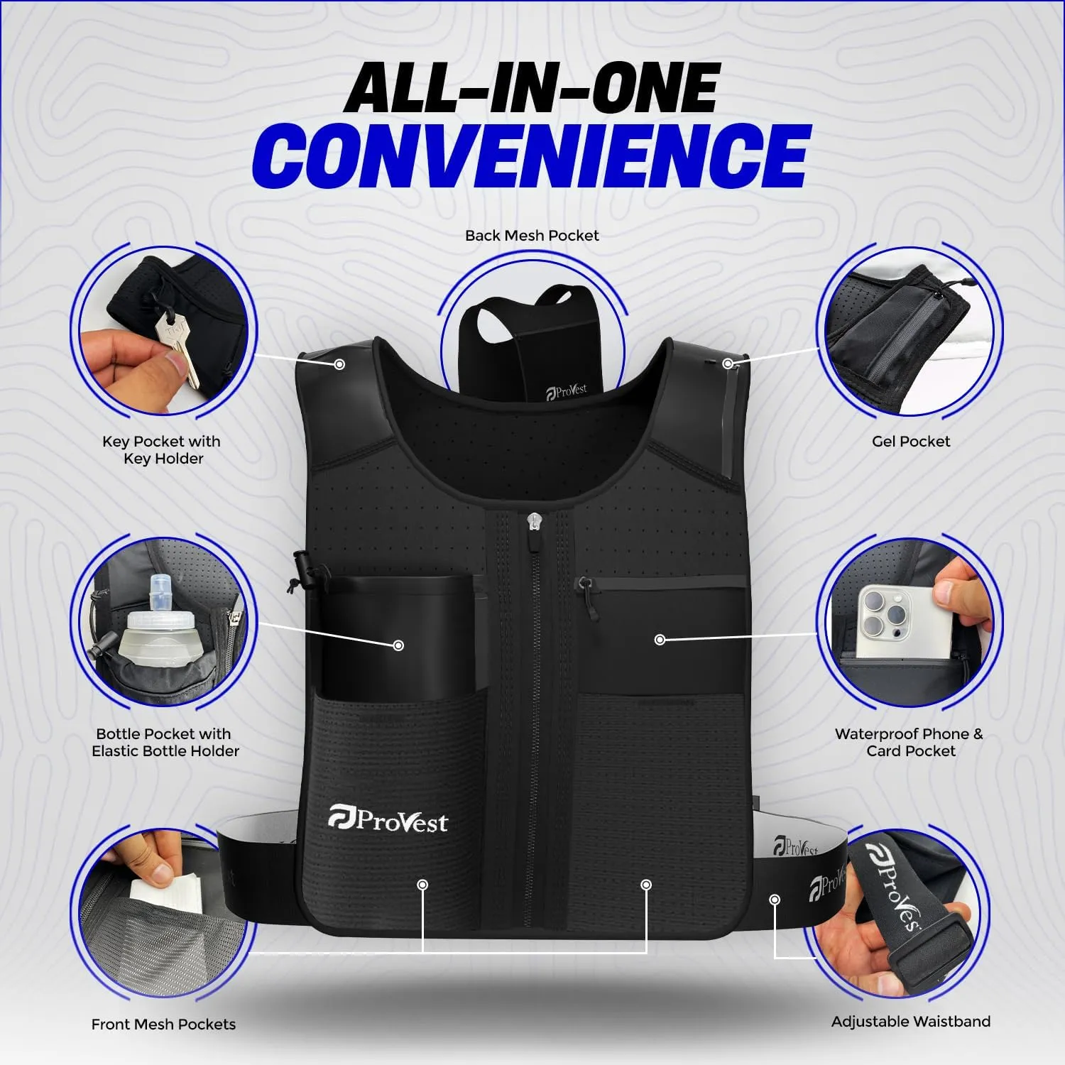 Versatile Running Vest with 8 Pockets, Hydration Vest with Phone and Water Bottle Holders, Vest for Long-Distance Runs, Uni Sex Running Vest, Water Bottle & Cool Towel Grey