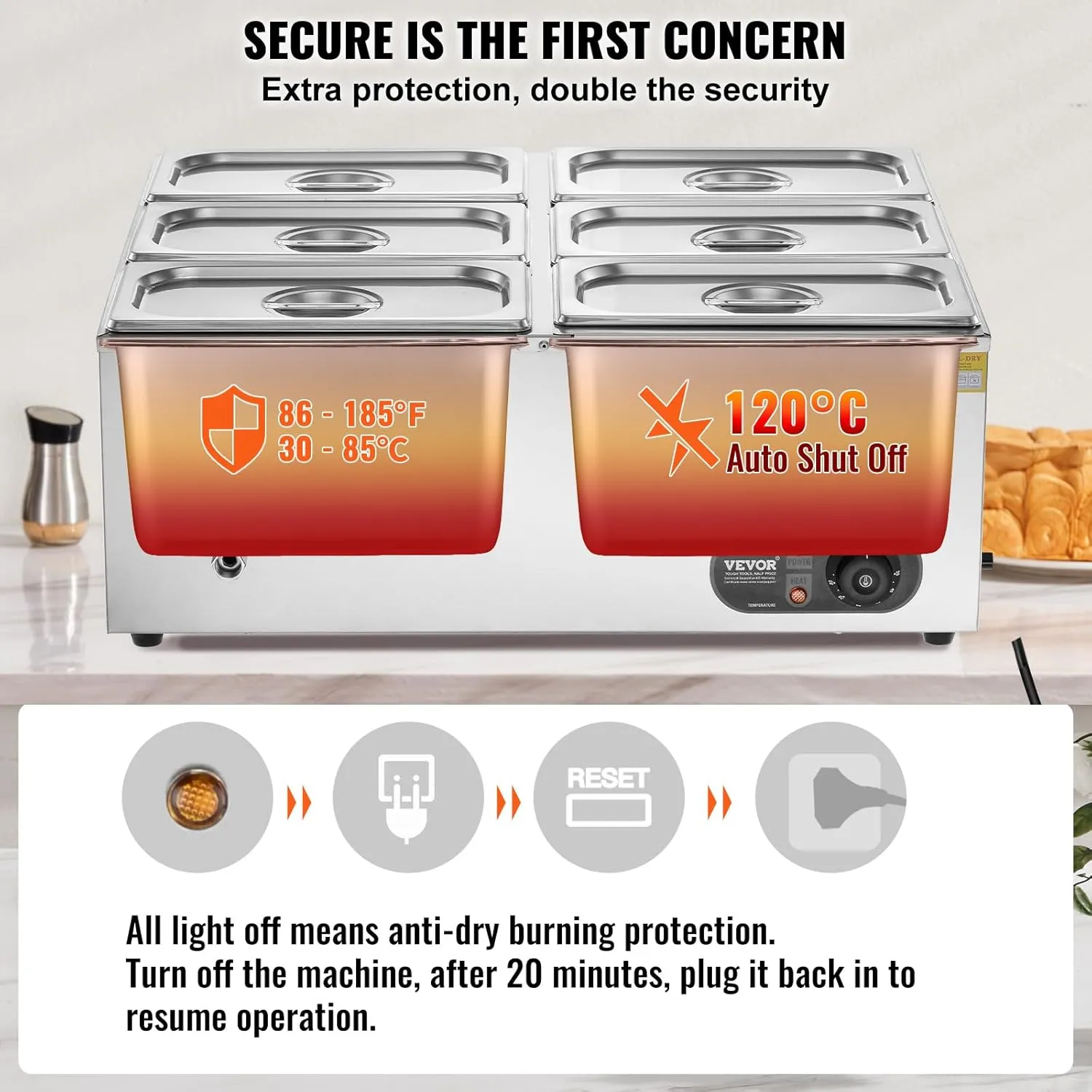 VEVOR 110V 6-Pan Commercial Food Warmer, 1200W Electric Steam Table 15cm/6inch Deep, Stainless Steel Buffet Bain Marie 48 Quart for Restaurants