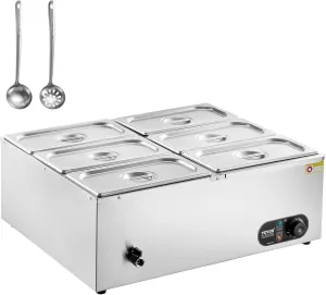VEVOR 110V 6-Pan Commercial Food Warmer, 1200W Electric Steam Table 15cm/6inch Deep, Stainless Steel Buffet Bain Marie 48 Quart for Restaurants