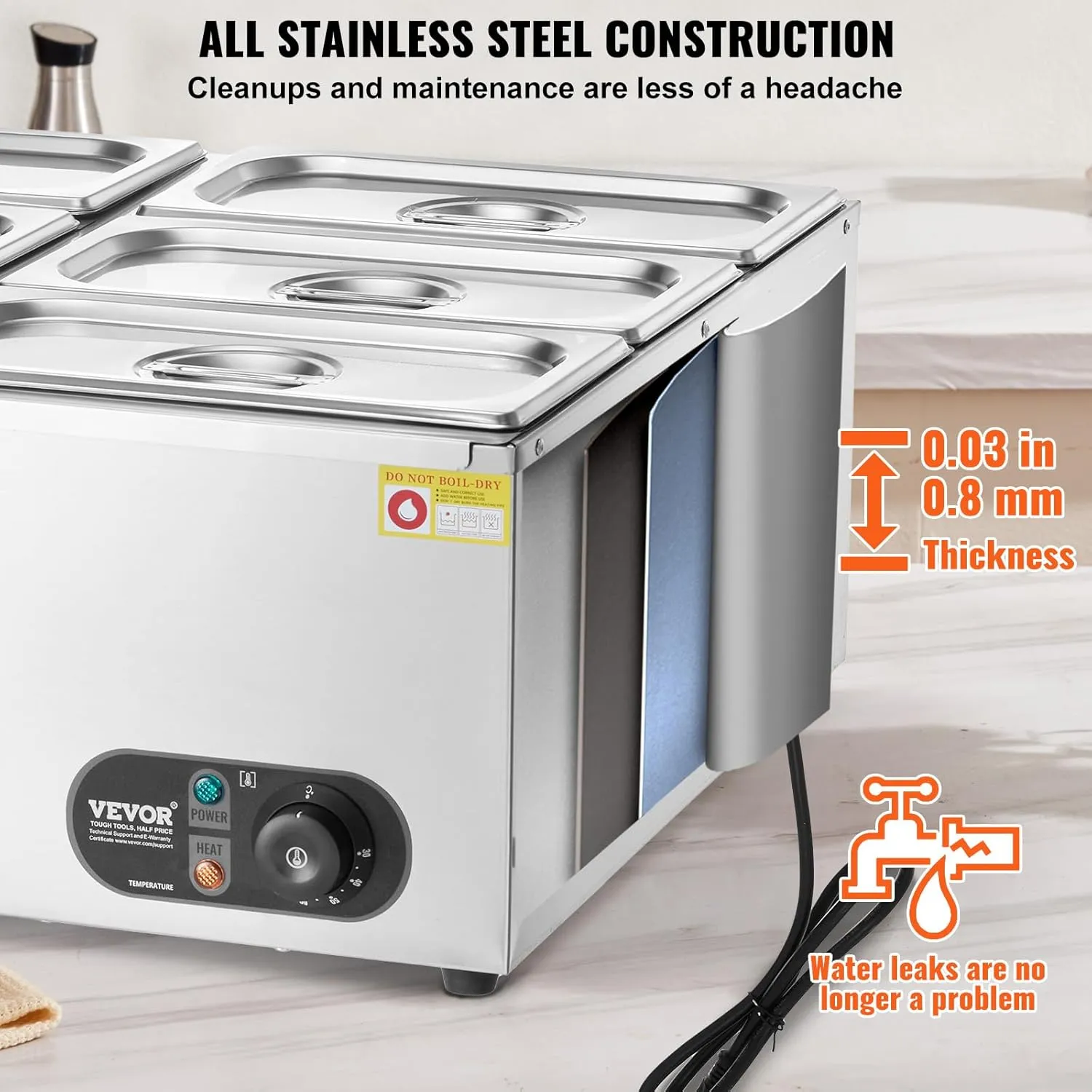 VEVOR 110V 6-Pan Commercial Food Warmer, 1200W Electric Steam Table 15cm/6inch Deep, Stainless Steel Buffet Bain Marie 48 Quart for Restaurants