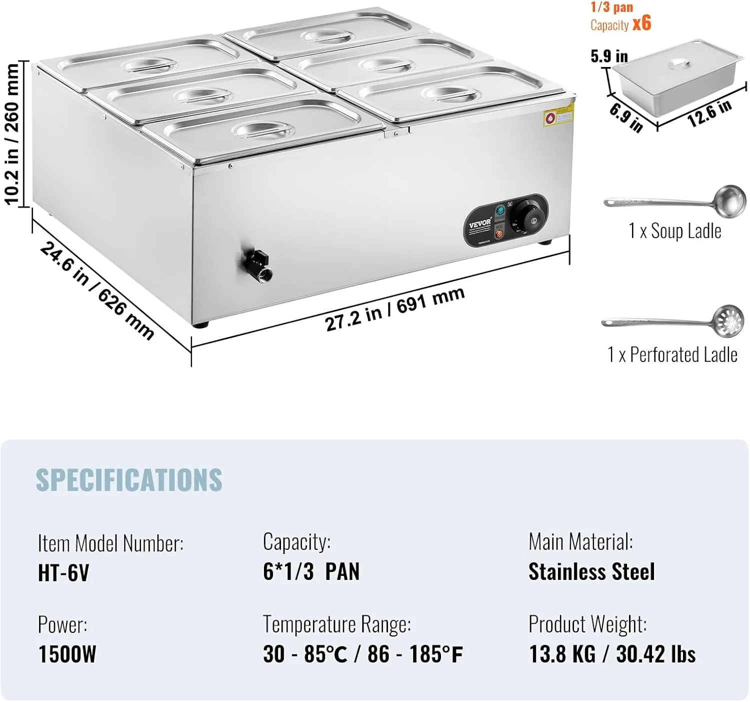 VEVOR 110V 6-Pan Commercial Food Warmer, 1200W Electric Steam Table 15cm/6inch Deep, Stainless Steel Buffet Bain Marie 48 Quart for Restaurants