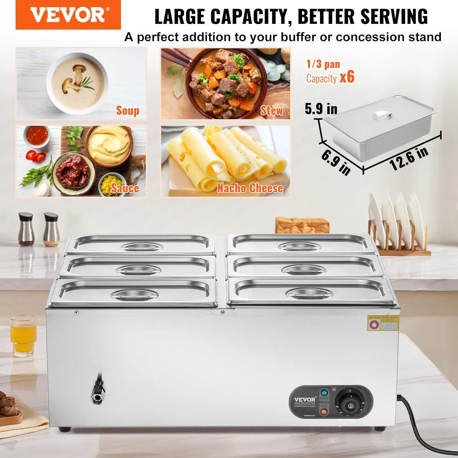VEVOR 110V 6-Pan Commercial Food Warmer, 1200W Electric Steam Table 15cm/6inch Deep, Stainless Steel Buffet Bain Marie 48 Quart for Restaurants