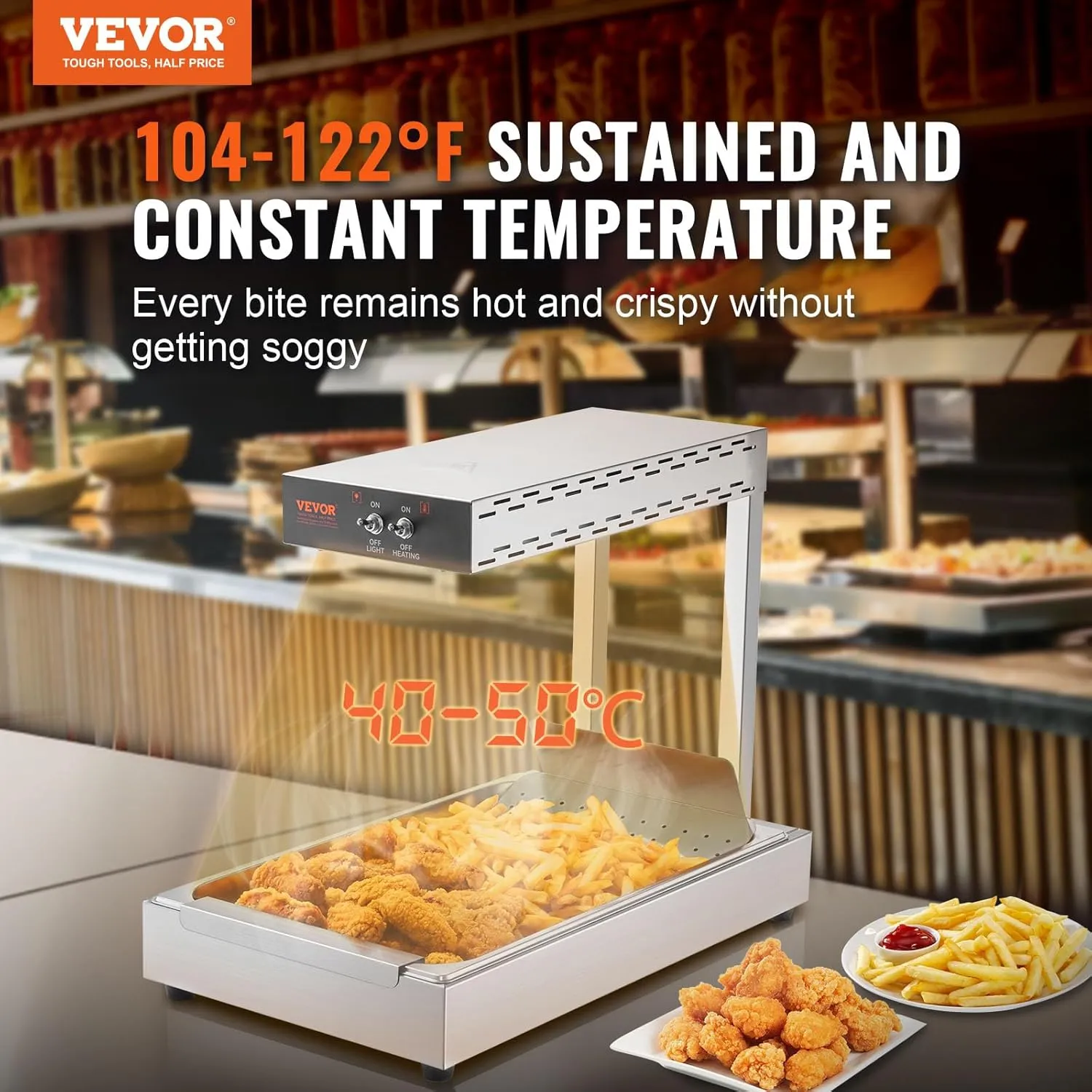 VEVOR 110V French Fry Food Warmer, 22"x13" 750W French Fry Heat Lamp, Stainless Steel Heat Lamp Warmer, Countertop Food Warmer Diaplay for French Fry, Heat Lamp Commercial for Fry Chicken