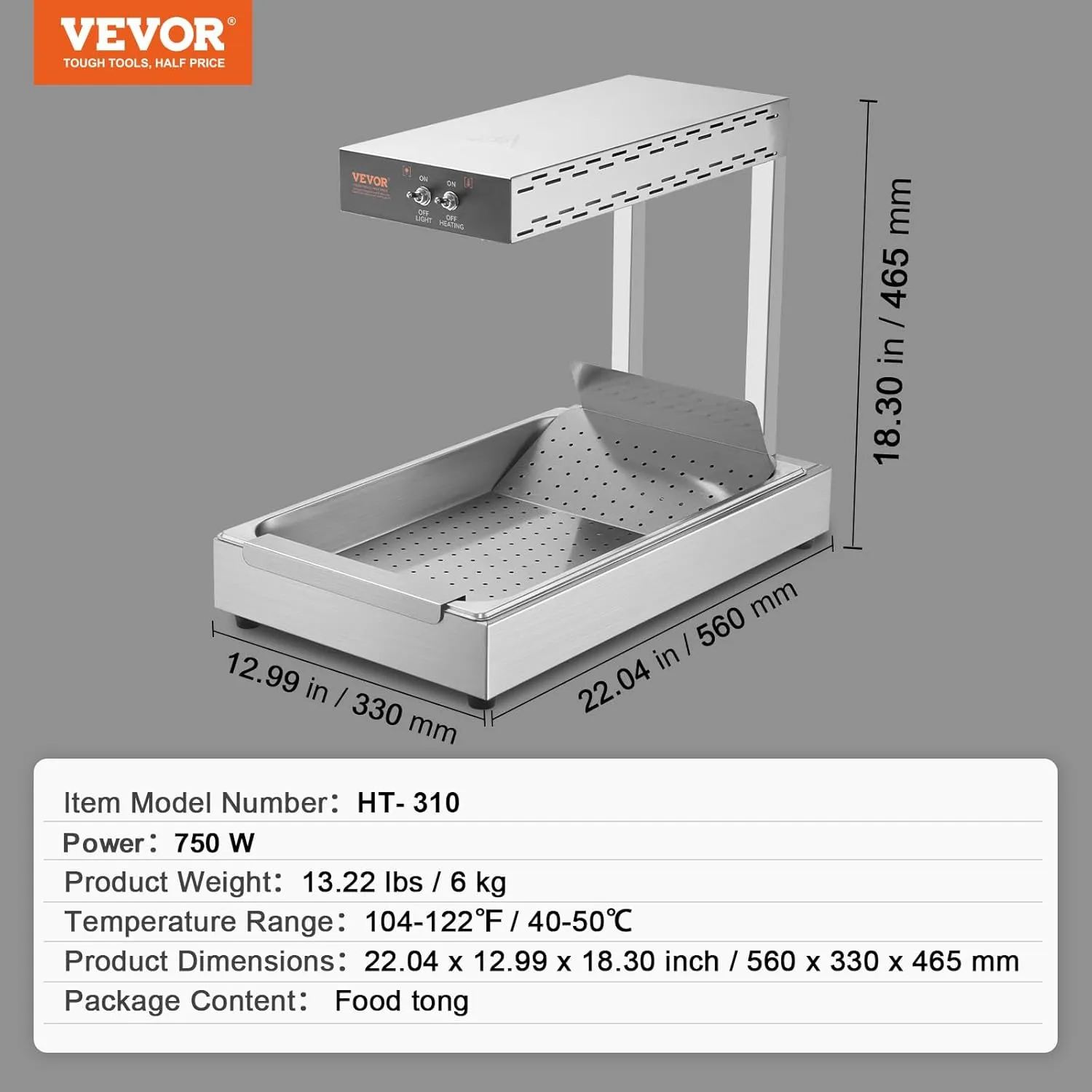 VEVOR 110V French Fry Food Warmer, 22"x13" 750W French Fry Heat Lamp, Stainless Steel Heat Lamp Warmer, Countertop Food Warmer Diaplay for French Fry, Heat Lamp Commercial for Fry Chicken