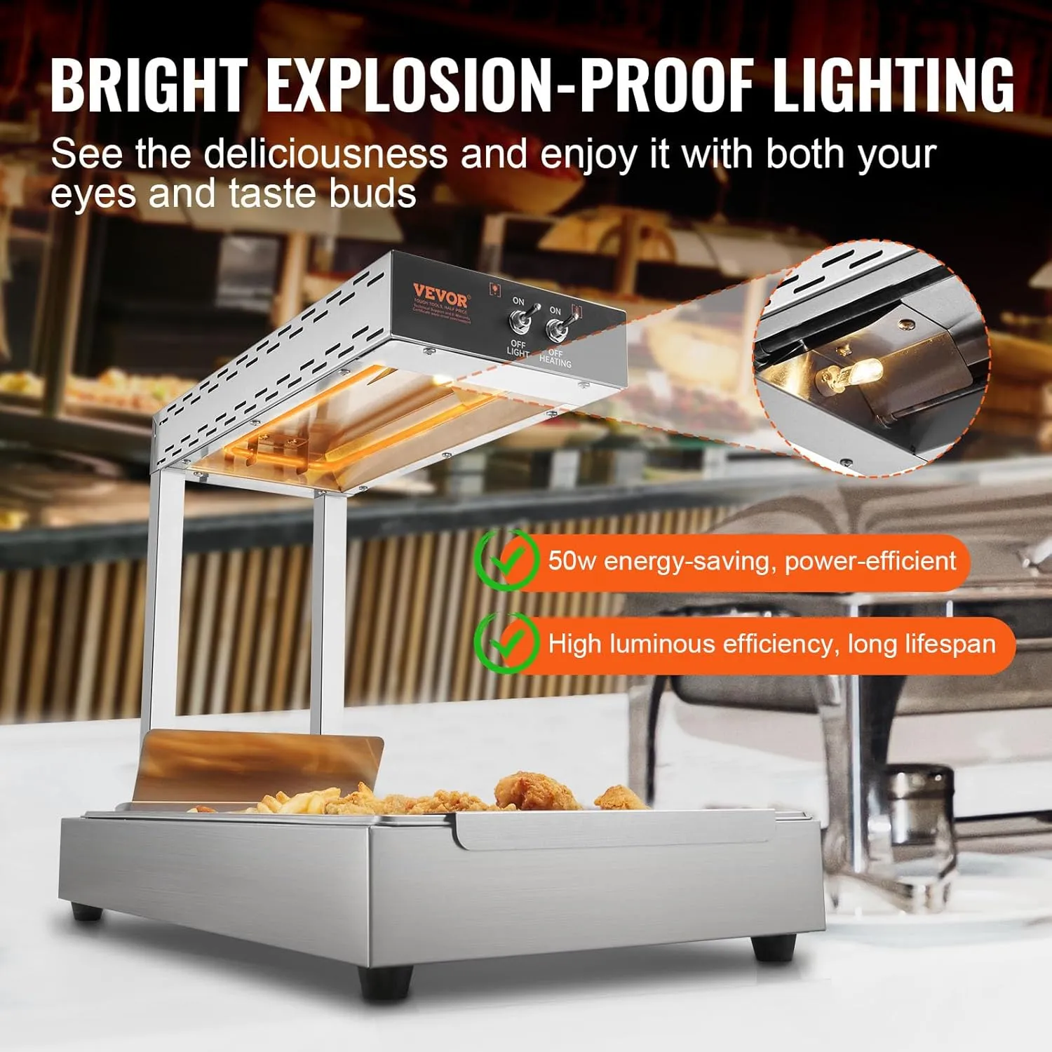 VEVOR 110V French Fry Food Warmer, 22"x13" 750W French Fry Heat Lamp, Stainless Steel Heat Lamp Warmer, Countertop Food Warmer Diaplay for French Fry, Heat Lamp Commercial for Fry Chicken