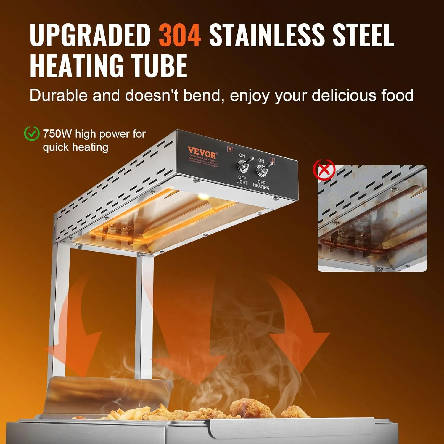 VEVOR 110V French Fry Food Warmer, 22"x13" 750W French Fry Heat Lamp, Stainless Steel Heat Lamp Warmer, Countertop Food Warmer Diaplay for French Fry, Heat Lamp Commercial for Fry Chicken