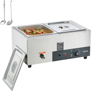 VEVOR 2-Pan Commercial Food Warmer, 2 x 12QT Electric Steam Table, 1500W Professional Countertop Stainless Steel Buffet Bain Marie with 86-185°F Temp Control for Catering and Restaurants, Silver