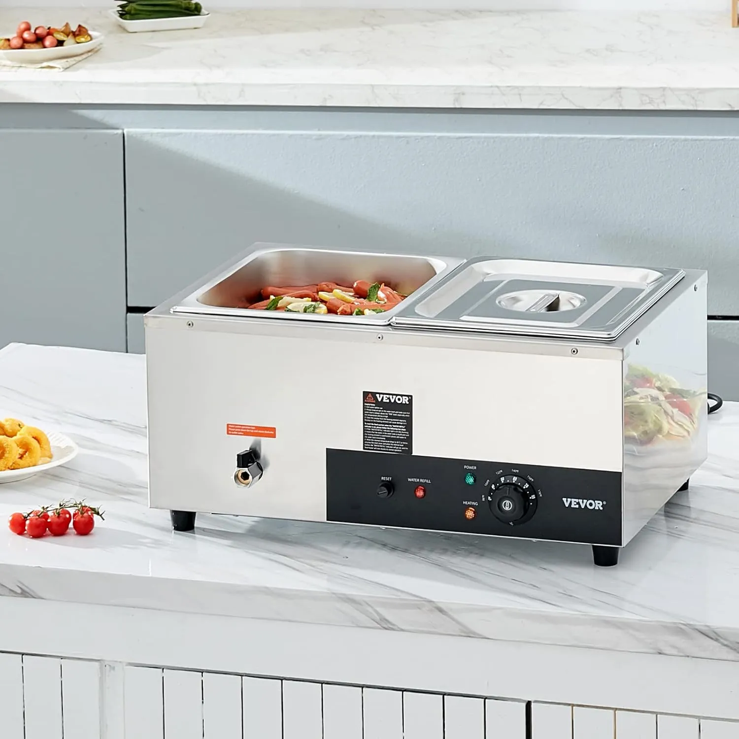 VEVOR 2-Pan Commercial Food Warmer, 2 x 12QT Electric Steam Table, 1500W Professional Countertop Stainless Steel Buffet Bain Marie with 86-185°F Temp Control for Catering and Restaurants, Silver