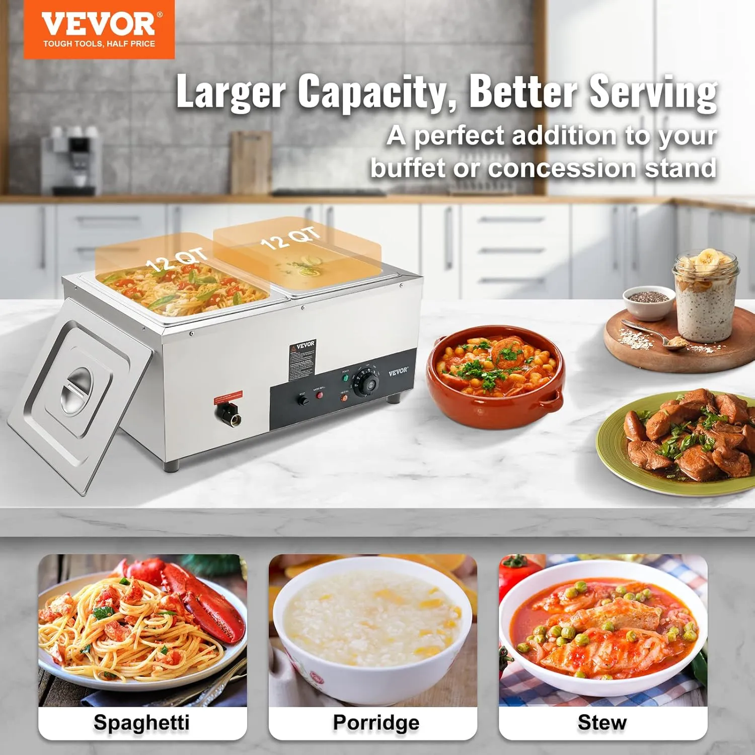 VEVOR 2-Pan Commercial Food Warmer, 2 x 12QT Electric Steam Table, 1500W Professional Countertop Stainless Steel Buffet Bain Marie with 86-185°F Temp Control for Catering and Restaurants, Silver