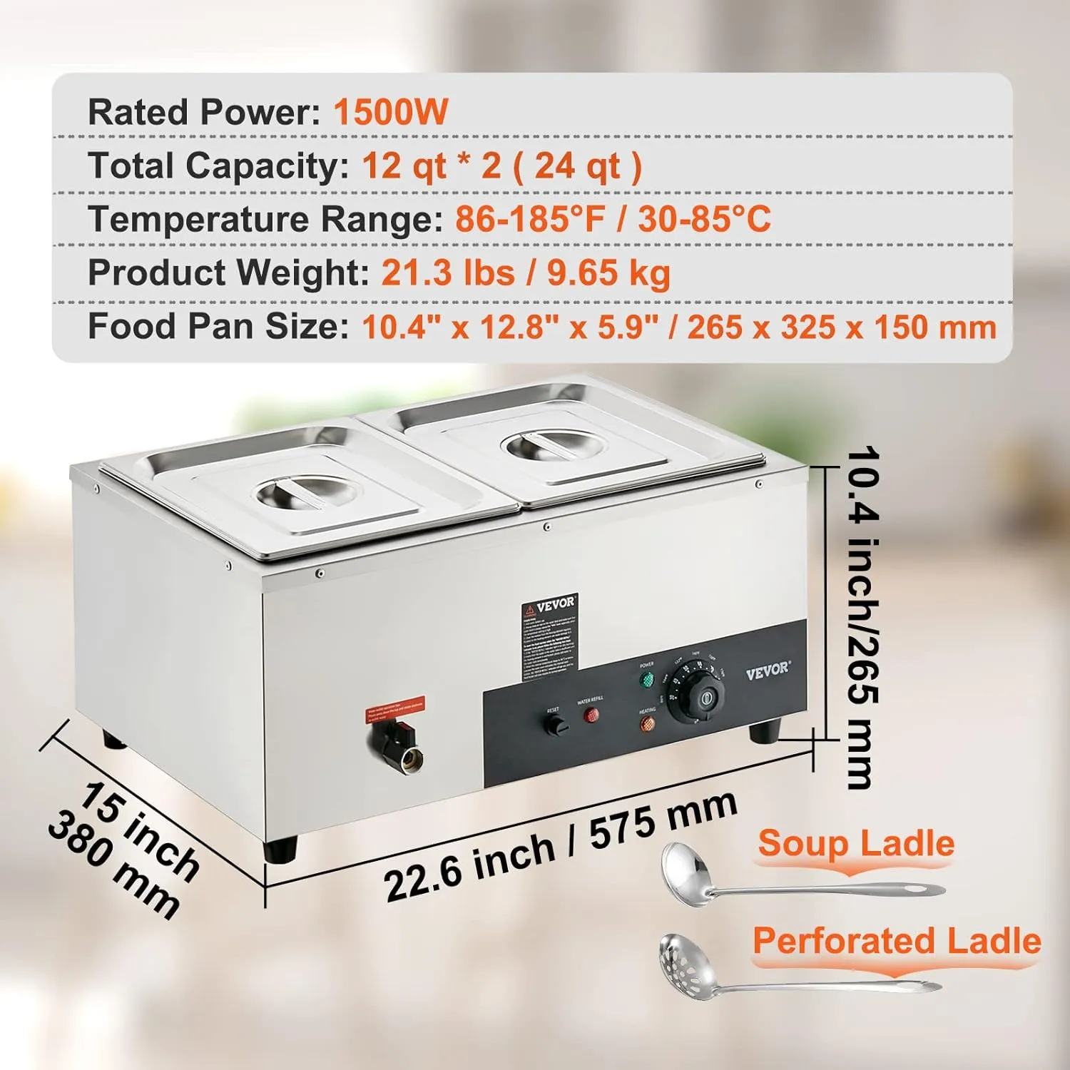 VEVOR 2-Pan Commercial Food Warmer, 2 x 12QT Electric Steam Table, 1500W Professional Countertop Stainless Steel Buffet Bain Marie with 86-185°F Temp Control for Catering and Restaurants, Silver