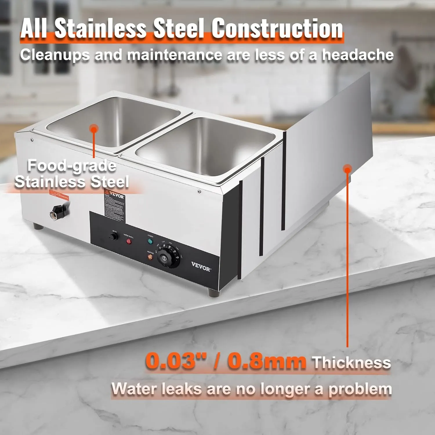 VEVOR 2-Pan Commercial Food Warmer, 2 x 12QT Electric Steam Table, 1500W Professional Countertop Stainless Steel Buffet Bain Marie with 86-185°F Temp Control for Catering and Restaurants, Silver