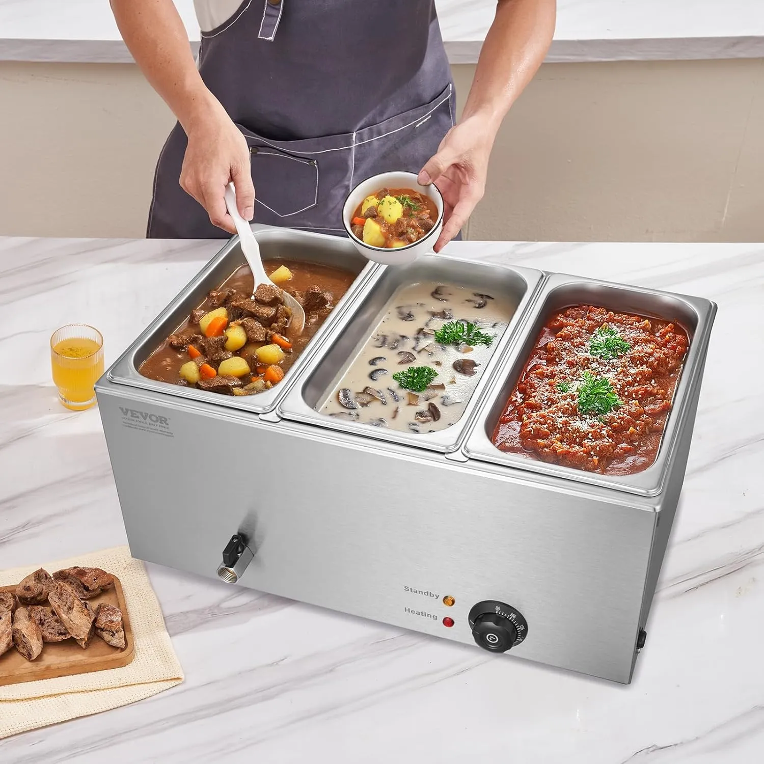VEVOR 3-Pan Commercial Food Warmer, 24QT Electric Steam Table, 1200W Professional Countertop Stainless Steel Buffet Bain Marie with 86-185°F Temp Control for Catering and Restaurants, Silver