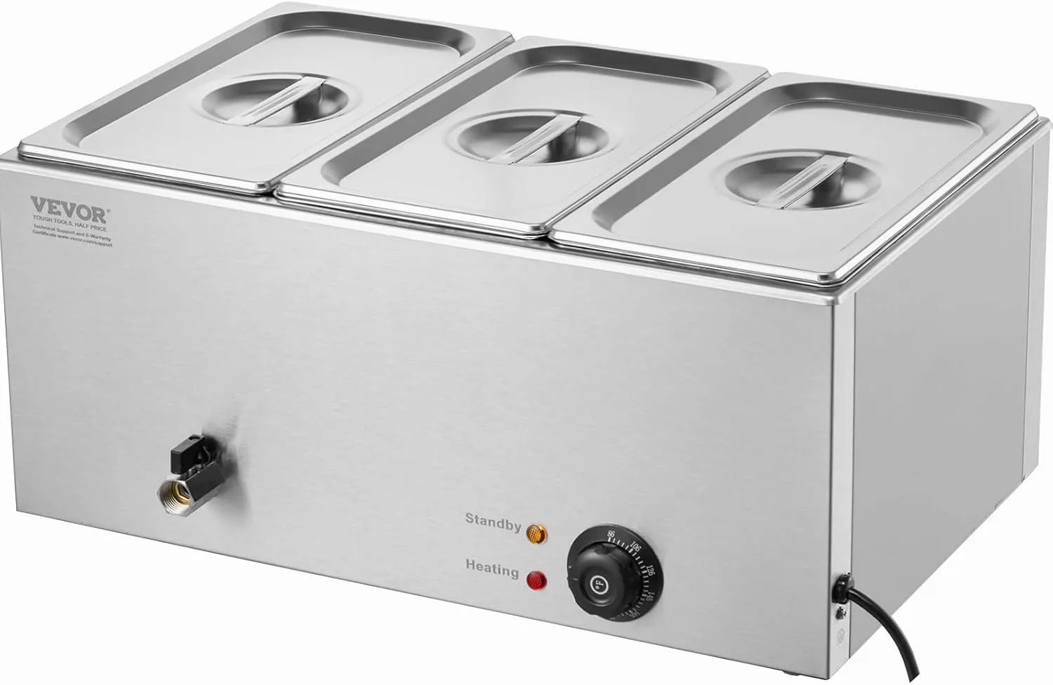 VEVOR 3-Pan Commercial Food Warmer, 24QT Electric Steam Table, 1200W Professional Countertop Stainless Steel Buffet Bain Marie with 86-185°F Temp Control for Catering and Restaurants, Silver