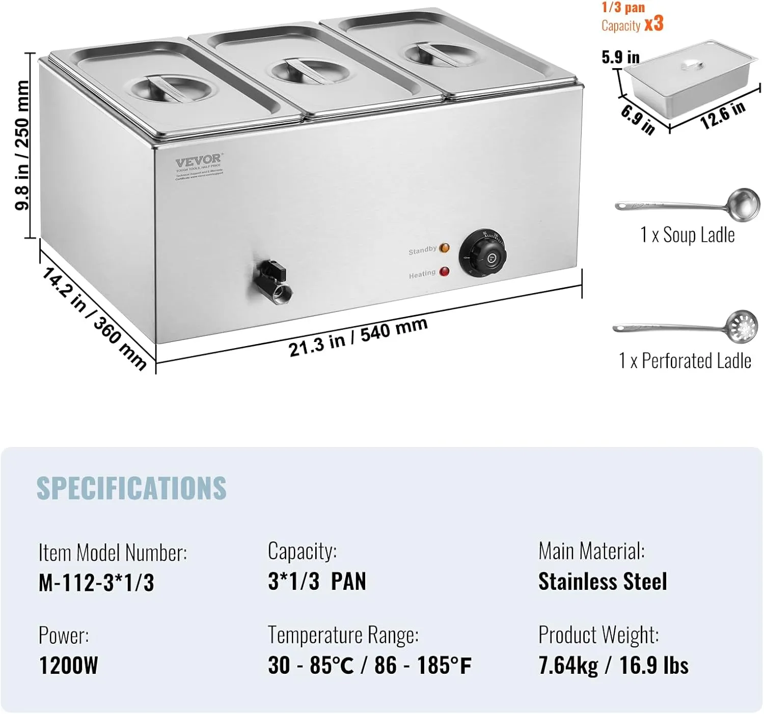 VEVOR 3-Pan Commercial Food Warmer, 24QT Electric Steam Table, 1200W Professional Countertop Stainless Steel Buffet Bain Marie with 86-185°F Temp Control for Catering and Restaurants, Silver