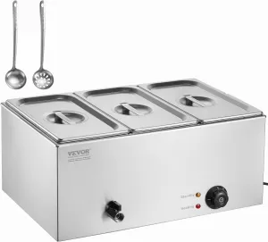 VEVOR 3-Pan Commercial Food Warmer, 24QT Electric Steam Table, 1200W Professional Countertop Stainless Steel Buffet Bain Marie with 86-185°F Temp Control for Catering and Restaurants, Silver