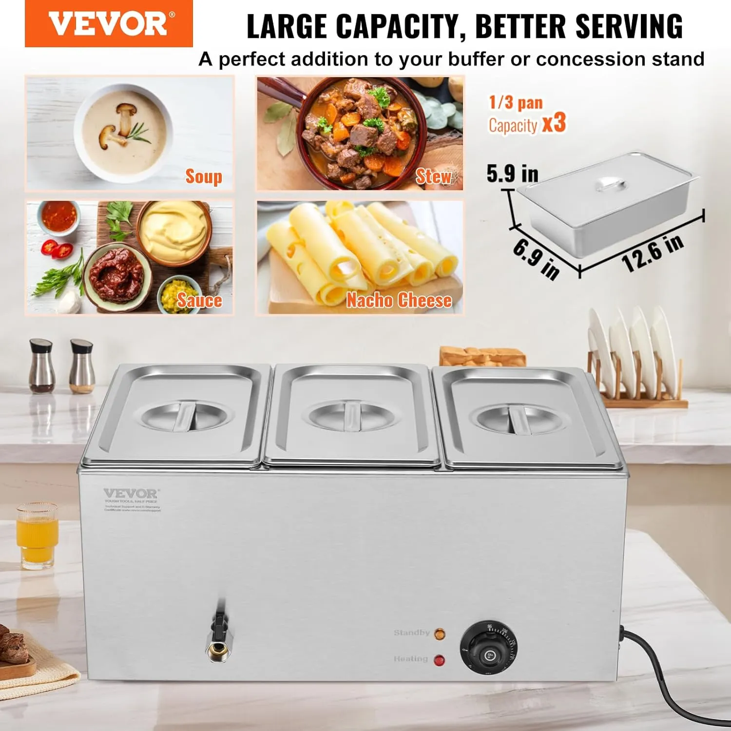 VEVOR 3-Pan Commercial Food Warmer, 24QT Electric Steam Table, 1200W Professional Countertop Stainless Steel Buffet Bain Marie with 86-185°F Temp Control for Catering and Restaurants, Silver