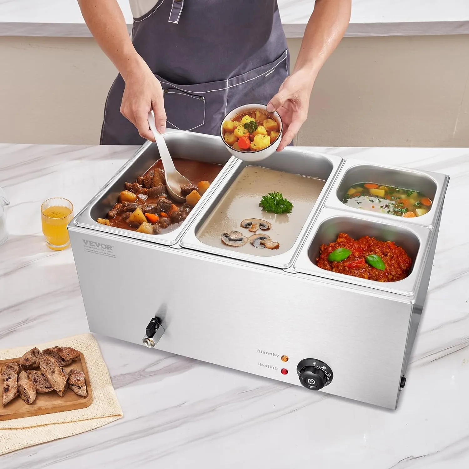 VEVOR 4-Pan Commercial Food Warmer, 16.4QT Electric Steam Table, 1200W Professional Countertop Stainless Steel Buffet Bain Marie with 86-185°F Temp Control for Catering and Restaurants, Silver