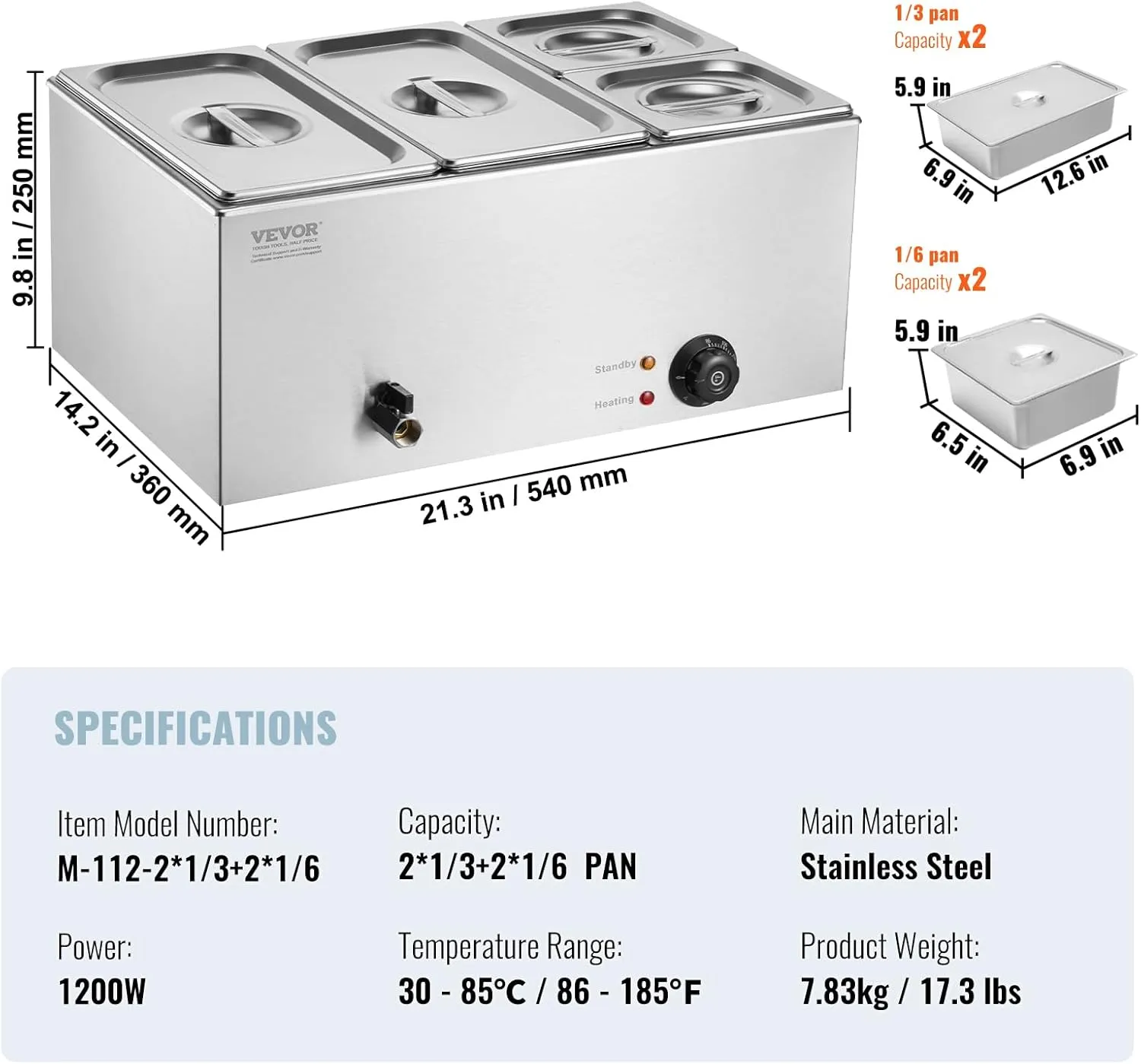 VEVOR 4-Pan Commercial Food Warmer, 16.4QT Electric Steam Table, 1200W Professional Countertop Stainless Steel Buffet Bain Marie with 86-185°F Temp Control for Catering and Restaurants, Silver