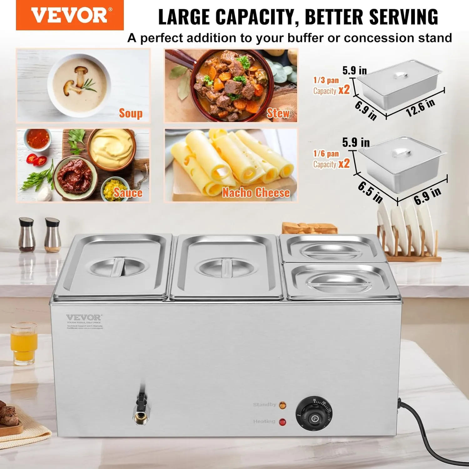 VEVOR 4-Pan Commercial Food Warmer, 16.4QT Electric Steam Table, 1200W Professional Countertop Stainless Steel Buffet Bain Marie with 86-185°F Temp Control for Catering and Restaurants, Silver