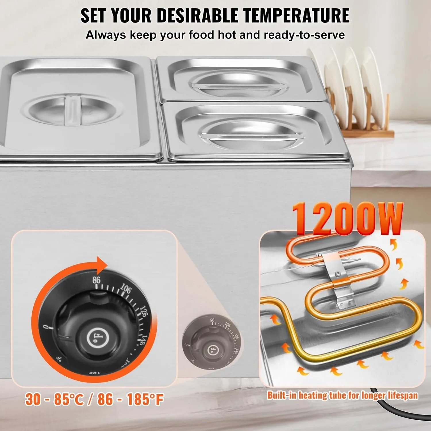 VEVOR 4-Pan Commercial Food Warmer, 16.4QT Electric Steam Table, 1200W Professional Countertop Stainless Steel Buffet Bain Marie with 86-185°F Temp Control for Catering and Restaurants, Silver