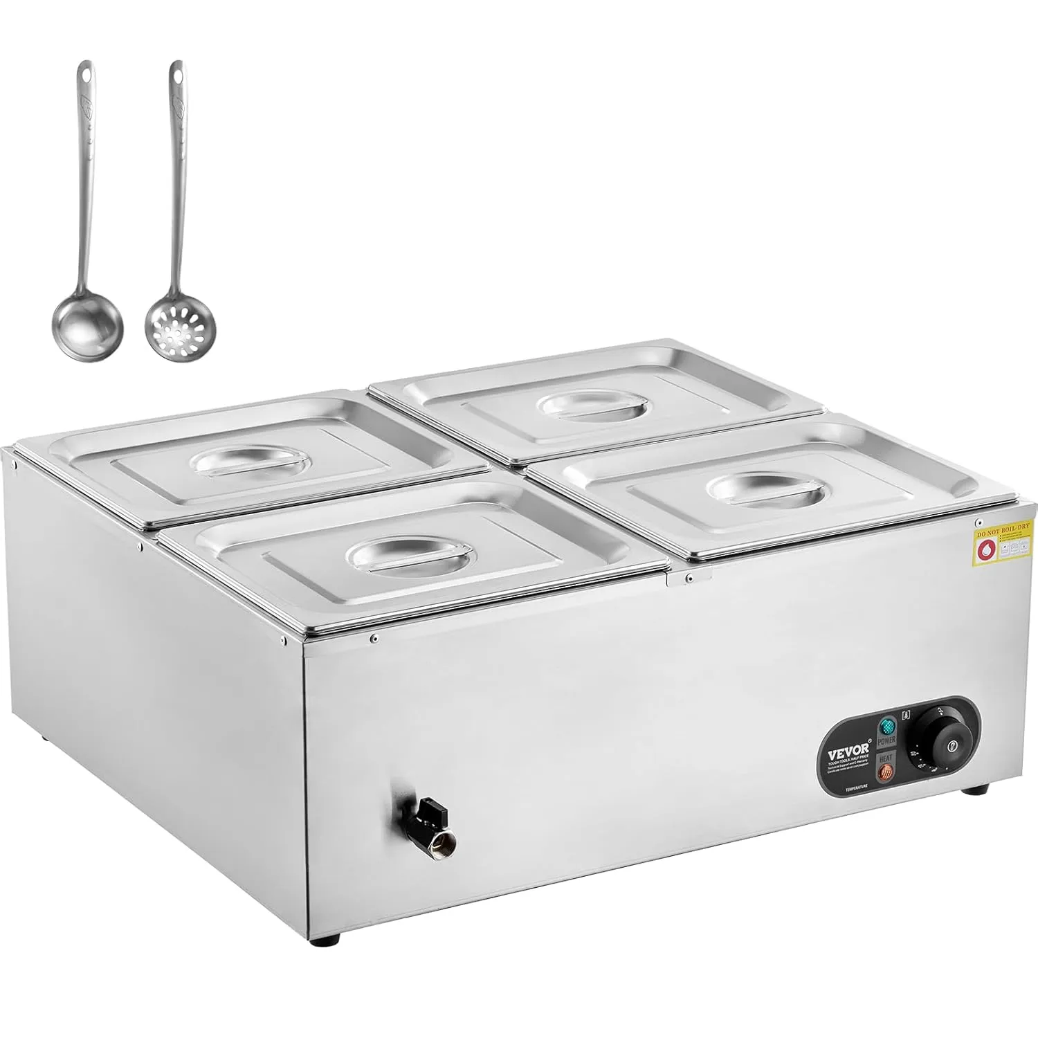 VEVOR 4-Pan Commercial Food Warmer, 4 x 12QT Electric Steam Table, 1500W Professional Countertop Stainless Steel Buffet Bain Marie with 86-185°F Temp Control for Catering and Restaurants, Silver