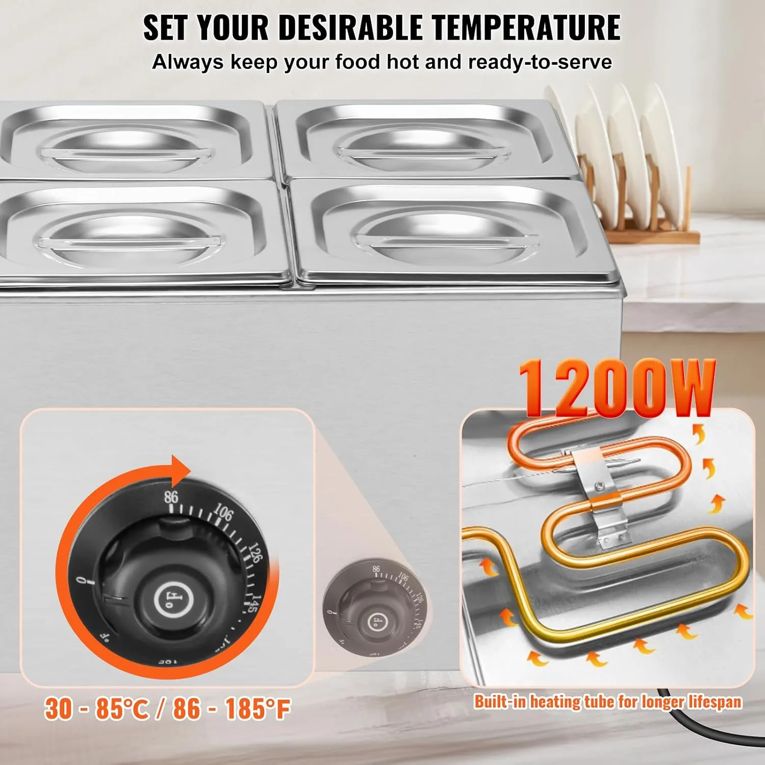 VEVOR 5-Pan Commercial Food Warmer, 15.3QT Electric Steam Table, 1200W Professional Countertop Stainless Steel Buffet Bain Marie with 86-185°F Temp Control for Catering and Restaurants, Silver